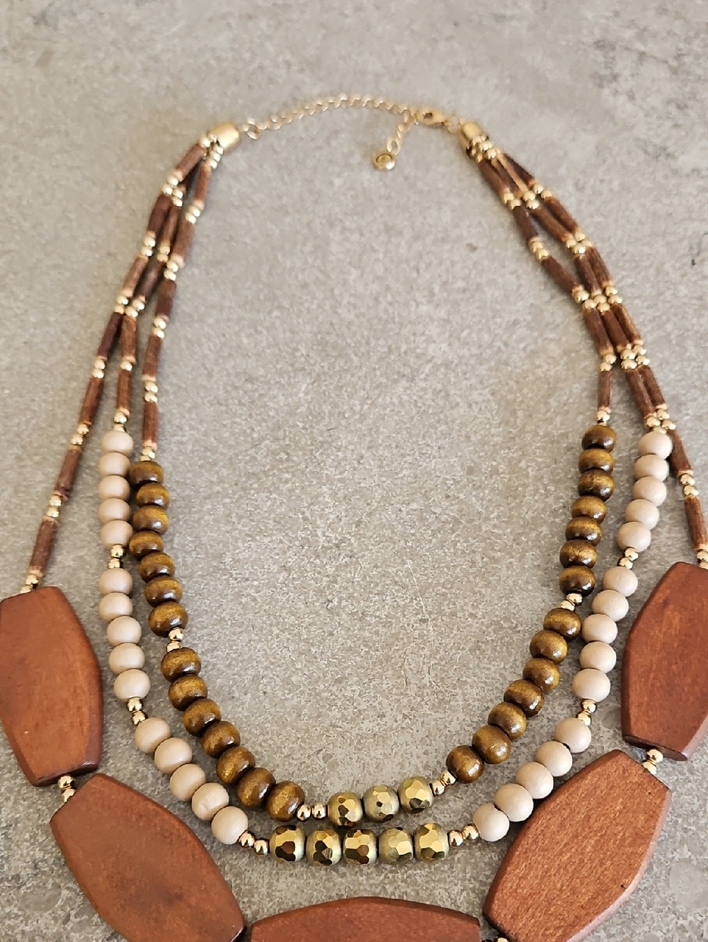 Layered Wooden & Bead Necklace - Brown and Gold